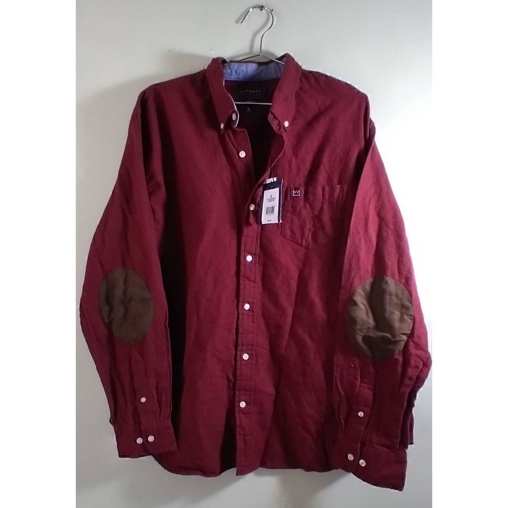 NWT Crown & Ivy Mens Red and Brown Elbow Patch Long Sleeve Button Down Classic F